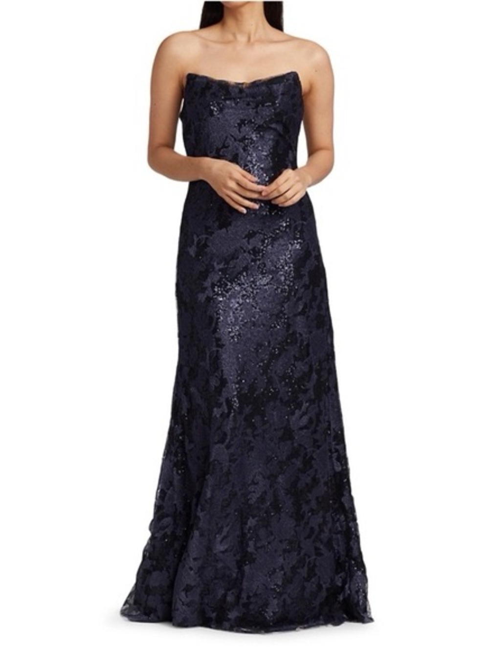 Rene Ruiz Strapless Navy Sequin Jacquard Gown